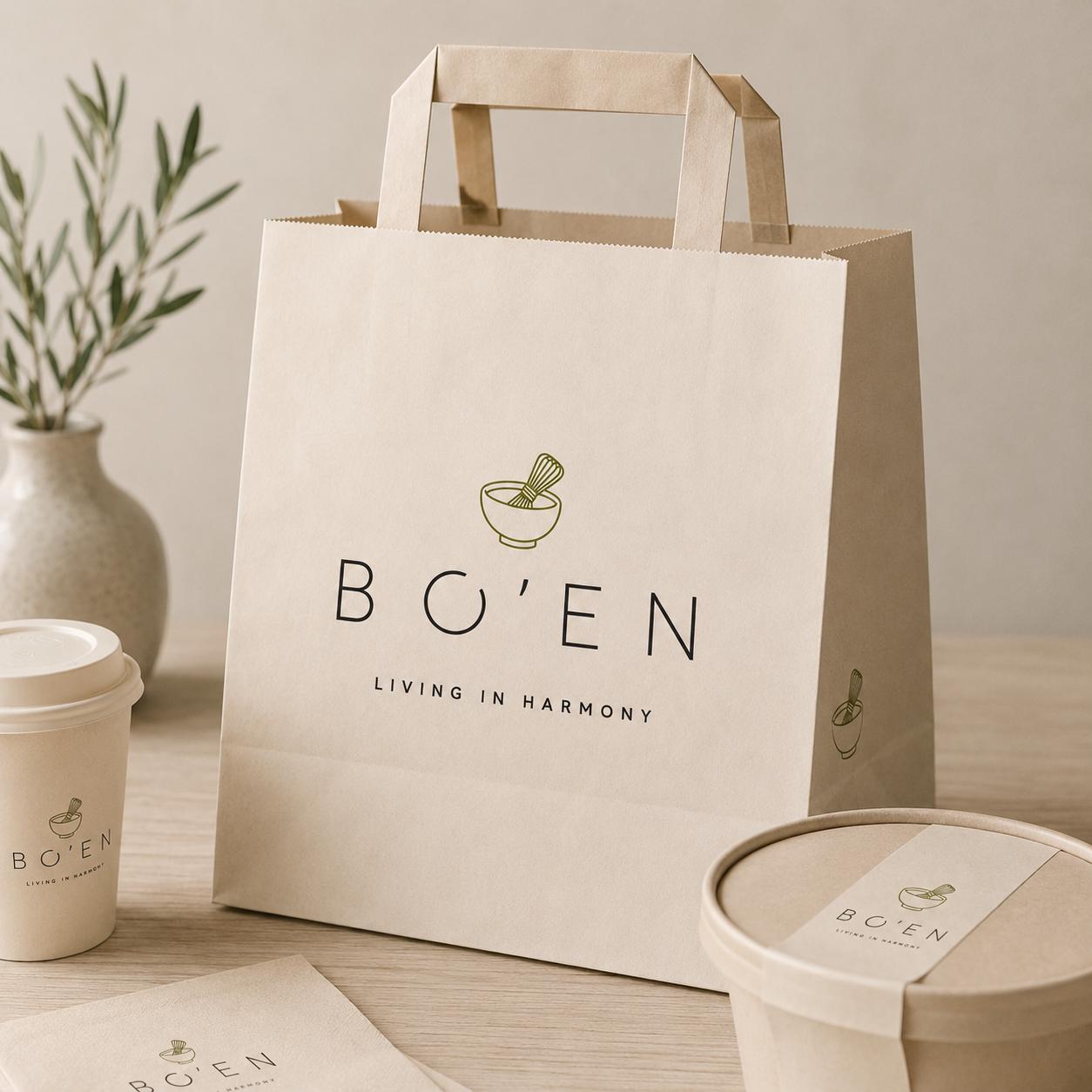 BO'EN take-away-påse, mugg och förpackning i naturligt kraftpapper