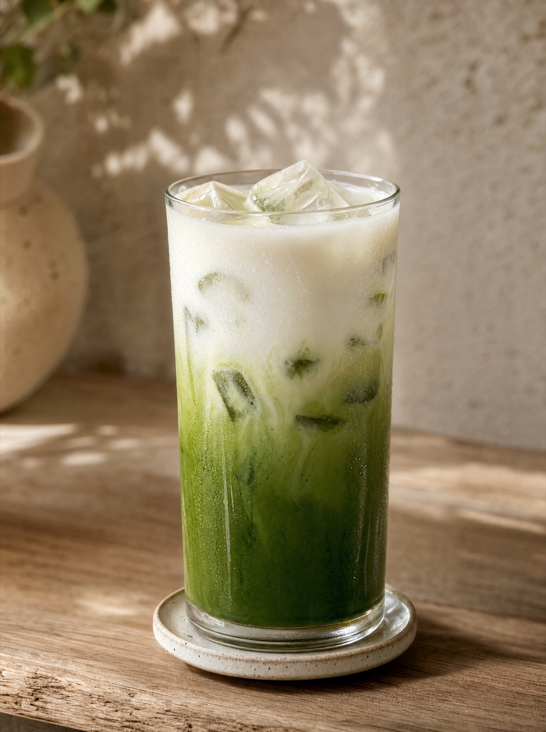 Matcha coconut latte i ett glas med krämigt kokoslager mot greige bakgrund